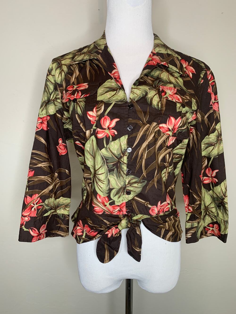 Jones New York Brown Tropical Floral Print Tie Waist Shirt Sz Large Petite
